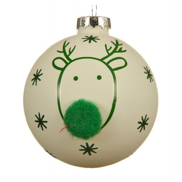 Χριστουγεννιάτικη Γυάλινη Μπάλα Λευκή με Πράσινο Ελάφι (8cm)